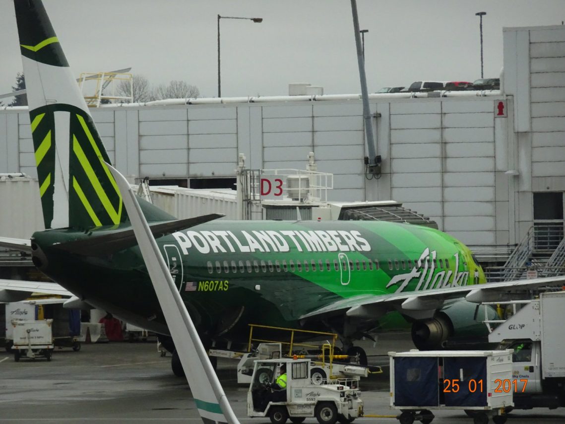 Alaska Airlines Aircraft Fleet B737 in Portland Timbers livery. Seattle (SEA) 25 January 2017