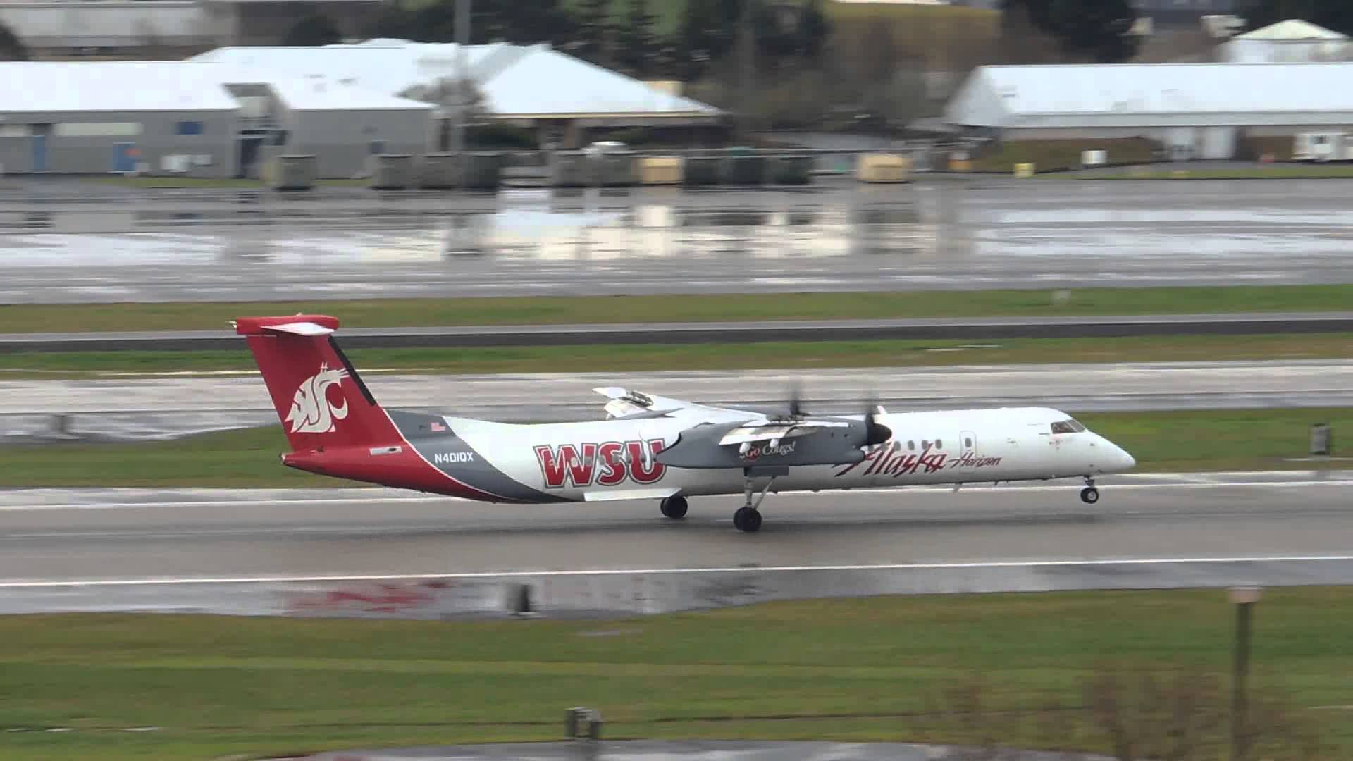 Alaska Airlines (Horizon Air) Bombardier DHC 8 Q400 WSU Cougars livery [N401QX] landing in PDX