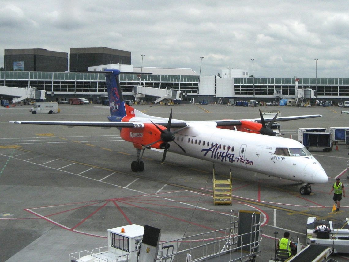 Alaska Horizon's Bombardier Q400 Universities-around-the-network Series. This bird wears Boise State Broncos color to celebrate over 25 years of service to Boise