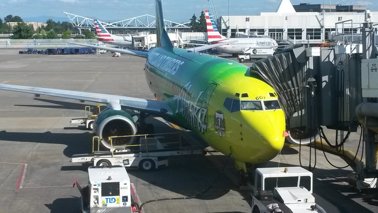 Alaska's N607AS, a 737-700 in a special livery Portland Timbers MLS Club