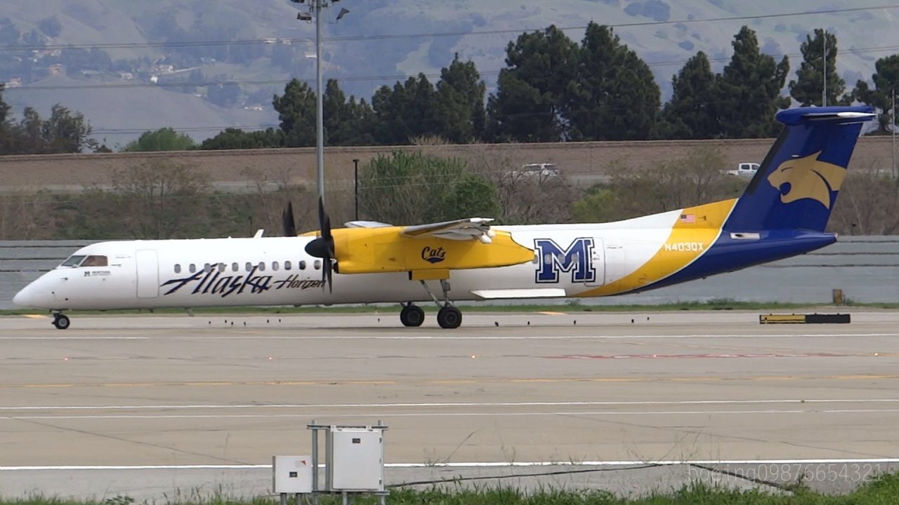 HD Alaska Horizon Bombardier Dash 8-402 N403QX Montana Cats Takeoff from San Jose International Airport