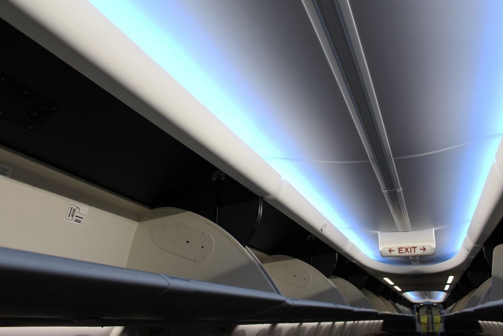 American Airlines Boeing 737 Max 8 interior lighting and extra space in overhead bins