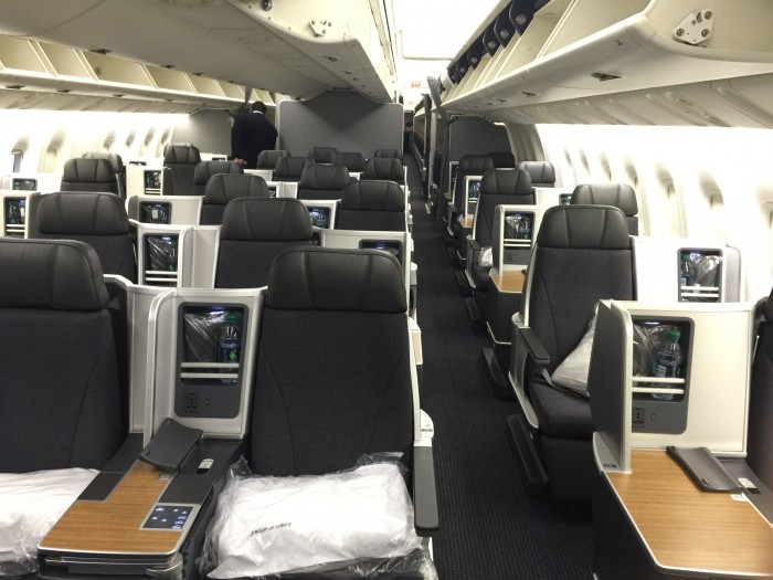 business class cabin on American Airlines’ Boeing 767-300 is in a 1-2-1 configuration
