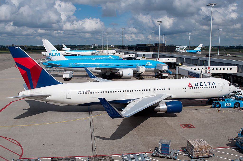 Delta Air Lines Fleet Boeing 767-300ER N1201P at Boarding Gate Amsterdam Airport Schiphol