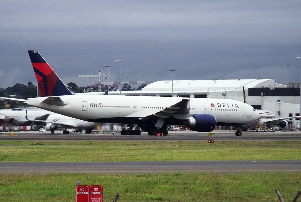 Delta Air Lines Fleet N708DN Boeing 777-200LR at Sydney (Kingsford Smith) Airport just arrived in from Los Angeles