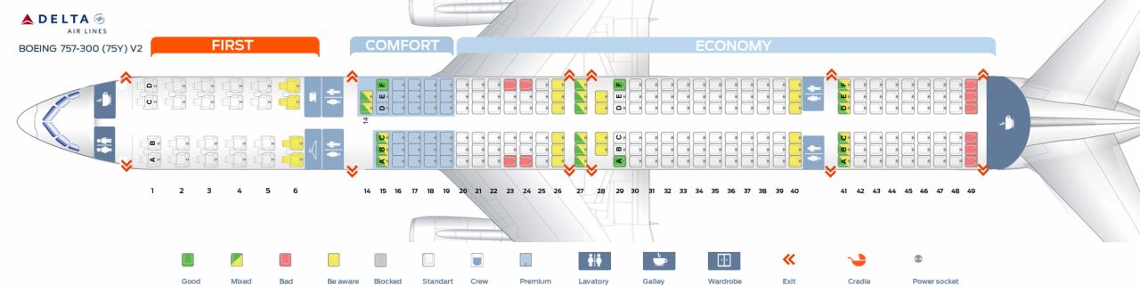First cabin version and seats map of the Boeing 757-300(75Y) Delta Air lines