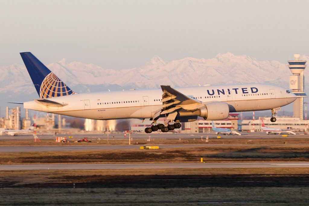 United Airlines Fleet ex Continental Boeing 777 200ER N78008 landing at Milan Malpensa Airport