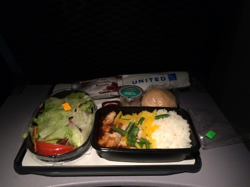 United Airlines Widebody Aircraft Boeing 777 200ER Economy Class Cabin Inflight Amenities Food Meal Menu Services chicken with rice