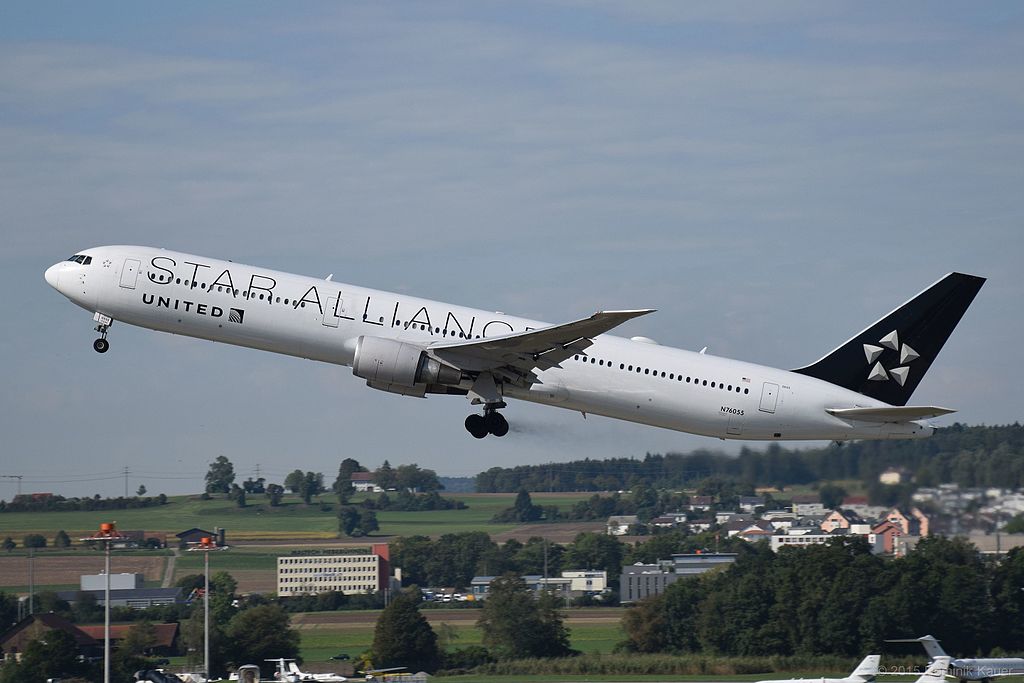 United Airlines Widebody Aircraft Fleet ex Continental Boeing 767 424ER cnserial number 29450826 N76055 in Star Alliance livery departing at zurich airport