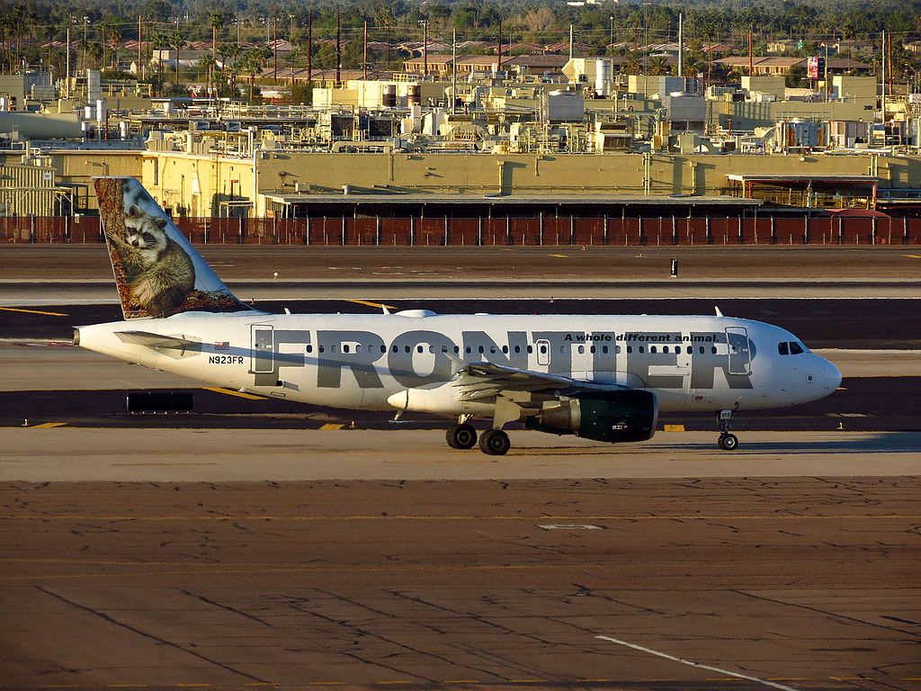 Airbus A319 111 cnserial number 2019 Frontier Airlines Fleet N923FR Rudy raccoon at Phoenix Sky Harbor International Airport
