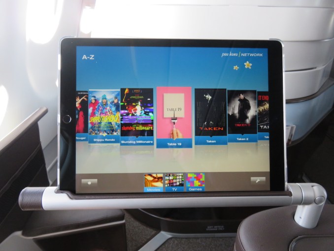 Airbus A330 200 Hawaiian Airlines Domestic First Class Cabin Inflight Entertainment System large tablets attached to an in seat metalic arm