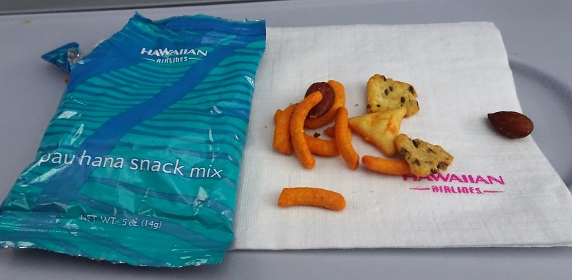 Airbus A330 200 Hawaiian Airlines Economy Class Cabin Inflight Food and Beverages Services “Pau Hana” snack mix a salty melange of crackers and nuts 1