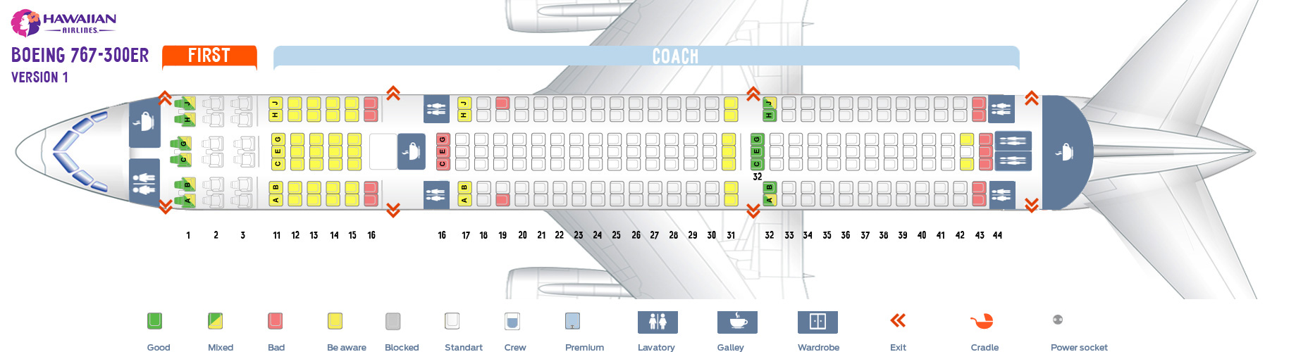 First cabin seat map and seating chart Boeing 767 300ER 763 V1 Hawaiian Airlines
