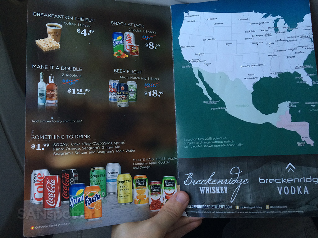 Frontier Airlines Airbus A319 100 Economy cabin standard seating inflight buy on board food drink menu
