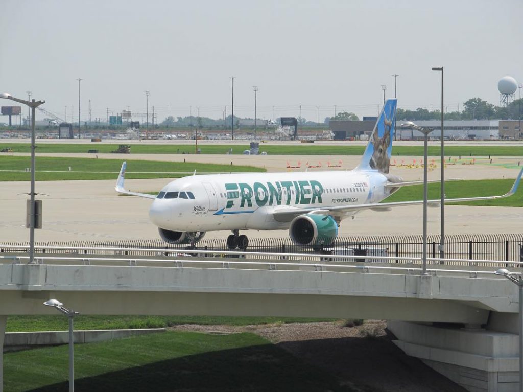Frontier Airlines Airbus A320 251neo N301FR Wilbur the Whitetail at IND Indianapolis International Airport taxing into gate