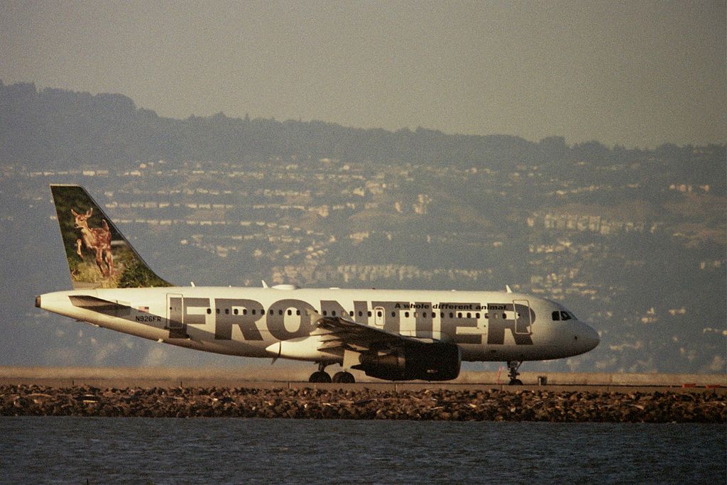 Frontier Airlines Domino Black Tail Deer Fawn Airbus A319 111 N926FR taxiing on runway at SFO Airport