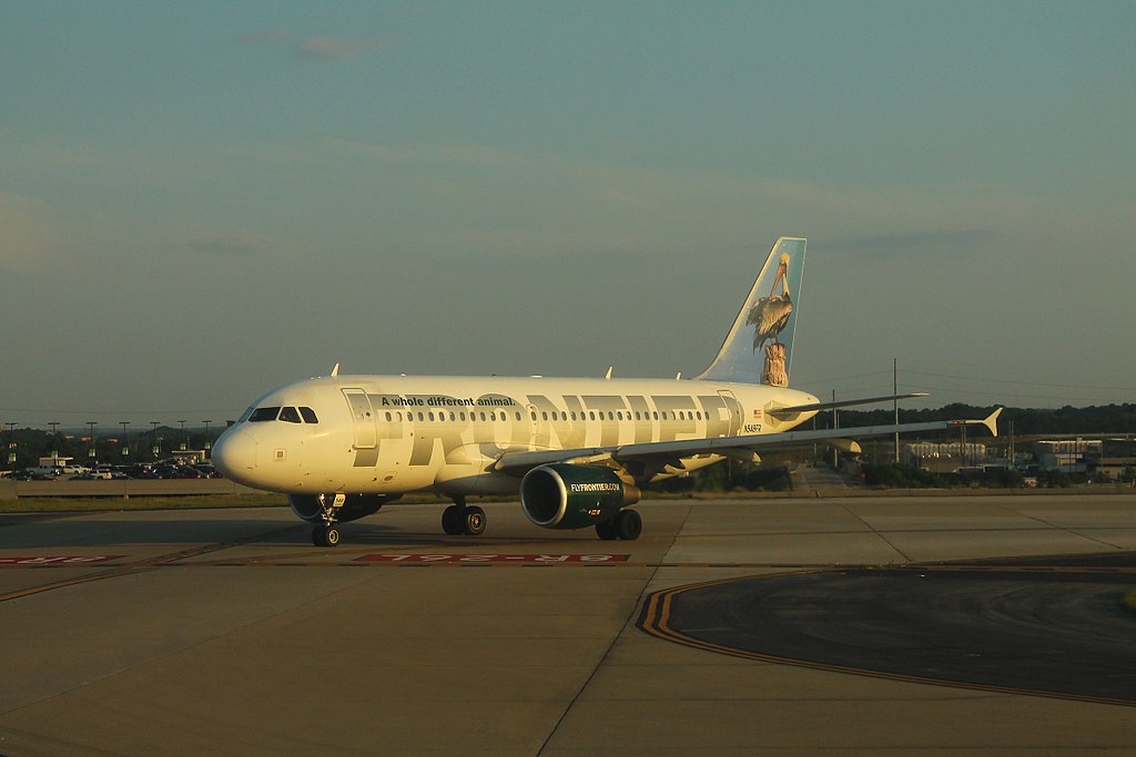 Frontier Airlines Pete the Pelican Airbus A319 112 N948FR taxiing at Hartsfield–Jackson Atlanta International Airport