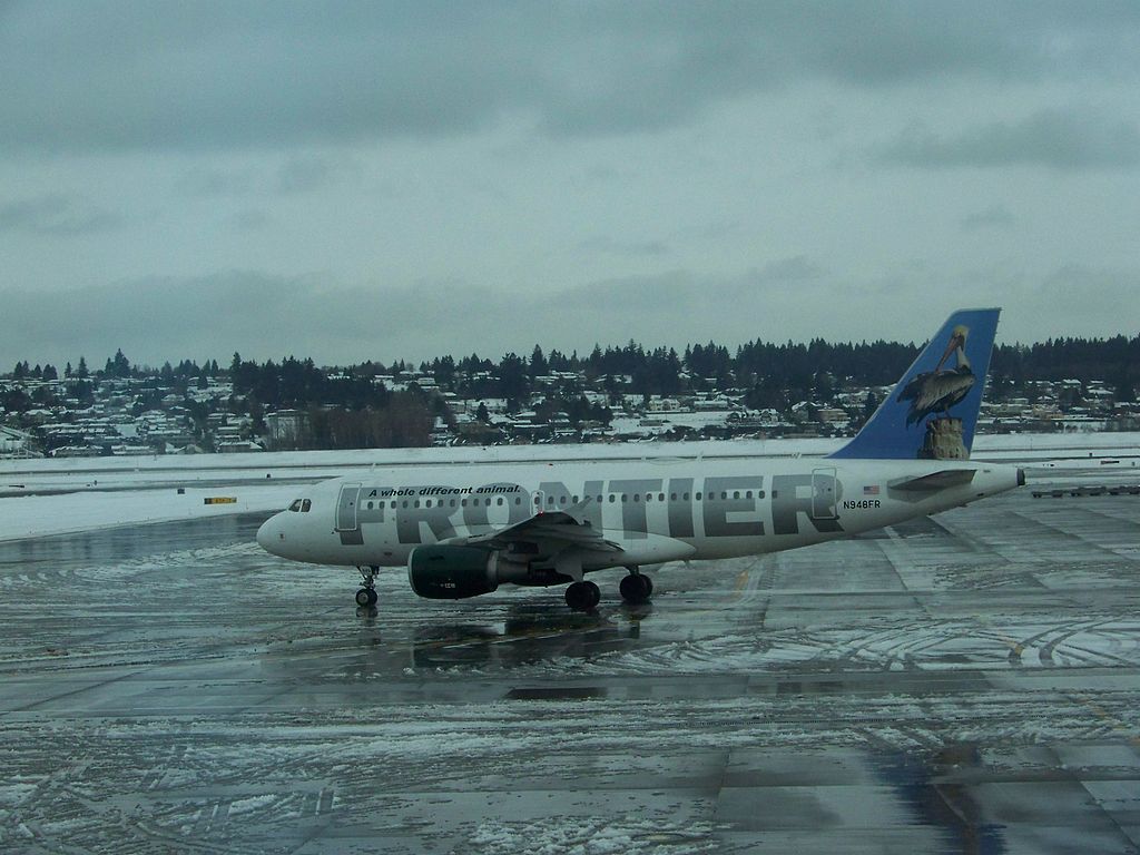 Frontier Airlines Pete the Pelican Airbus A319 112 N948FR taxiing at Portland International Airport