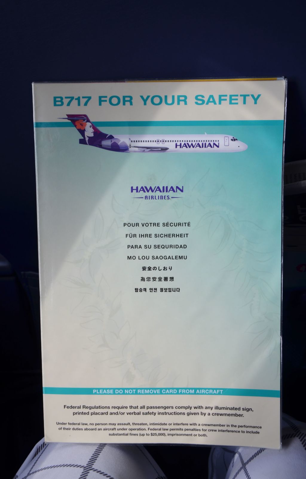 Hawaiian Airlines Boeing 717 200 first class cabin safety card photos