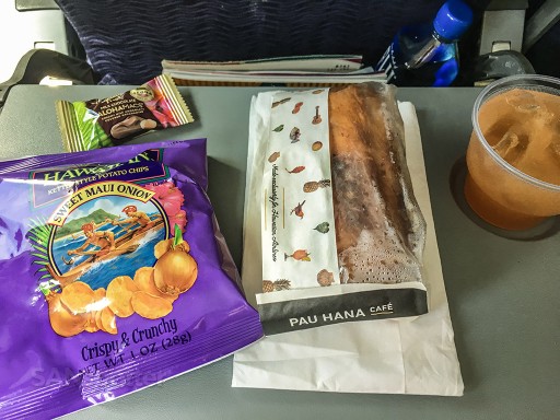 Hawaiian Airlines Boeing 767 300ER Economy Class Cabin Inflight Snacks and Drinks Services Hot barbecue sandwich potato chips macadamia nut