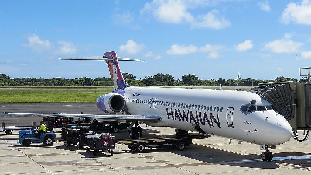 Hawaiian Airlines Fleet Boeing 717 22A cnserial number 551295080 N484HA Omao on boarding gate at Lihue Airport Kauai Hawaii United States
