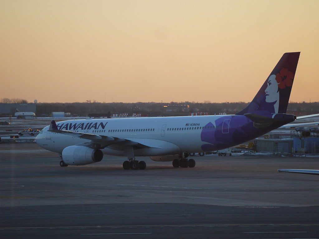 Hawaiian Airlines Widebody Aircraft Fleet Airbus A330 243 N386HA Heiheionakeiki taxing to stand after landing at JFK airport