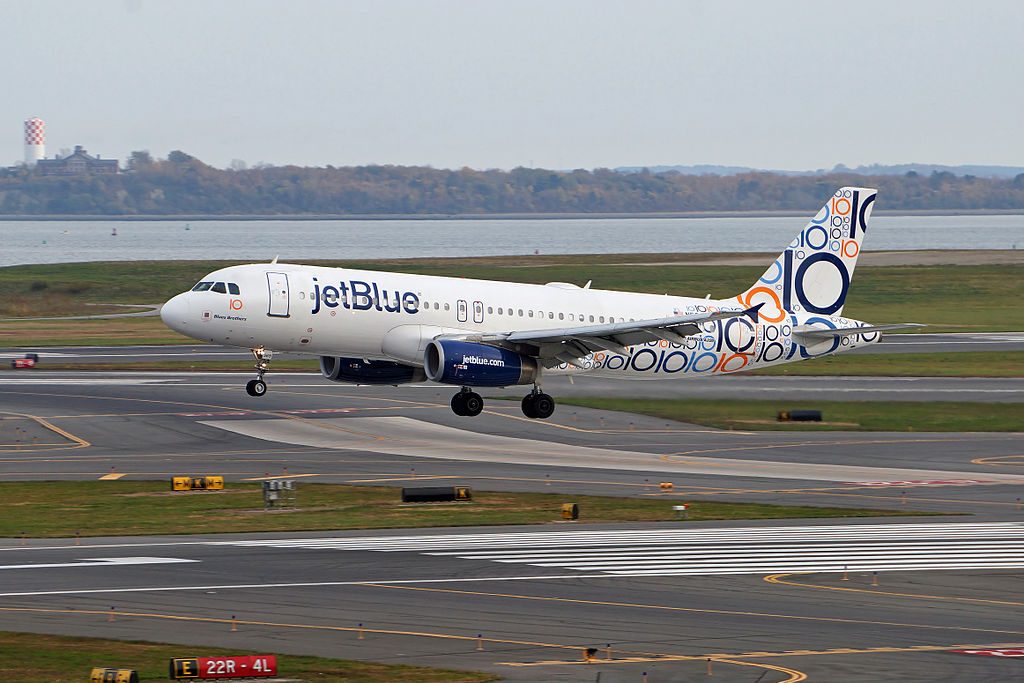 JetBlues 10th anniversary plane Blues Brothers Airbus A320 232 N521NK lands at Logan International Airport Boston Massachusetts USA