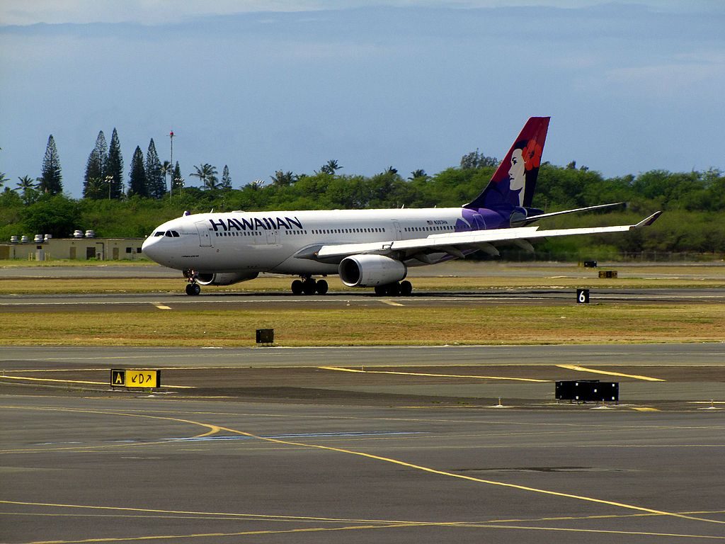 N383HA Hawaiian Airlines Fleet Airbus A330 243 cn 1217 22Hanaiakamalama22 taxiing on runway at Honolulu International Airport