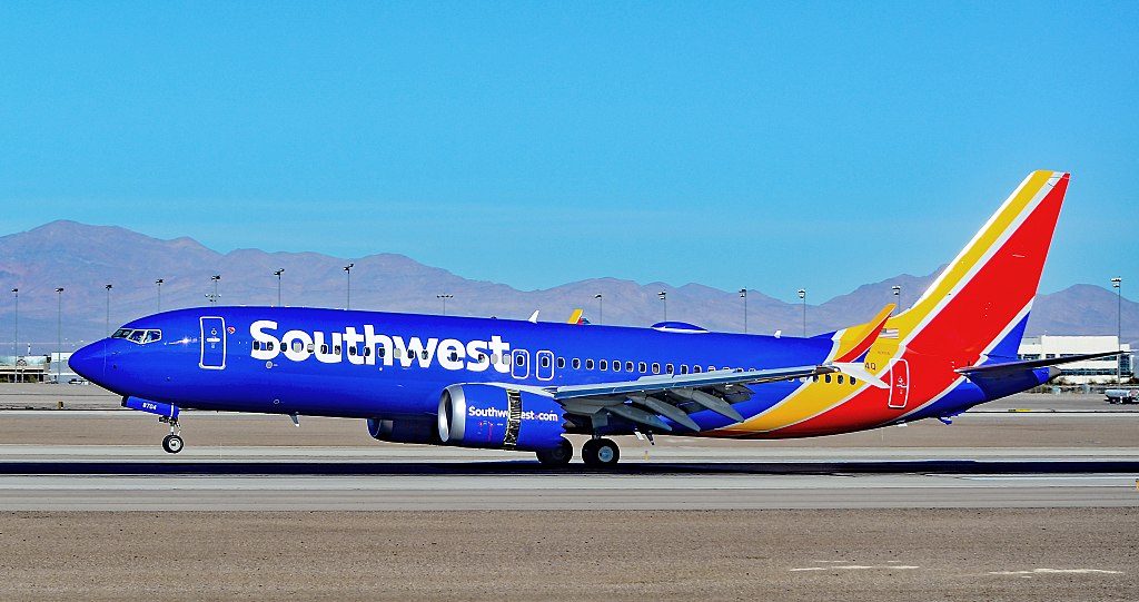 N8704Q Southwest Airlines Boeing 737 MAX 8 sn 36988 landing with reverse thrust engines at Las Vegas McCarran International LAS KLAS USA