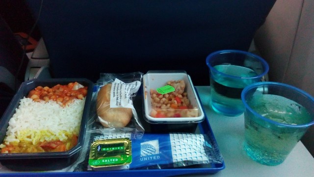 United Airlines Aircraft Fleet Boeing 787 8 Dreamliner Economy Class Cabin Inflight Meal Food Menu chicken pasta or indian vegetarian with white wine and ginger ale