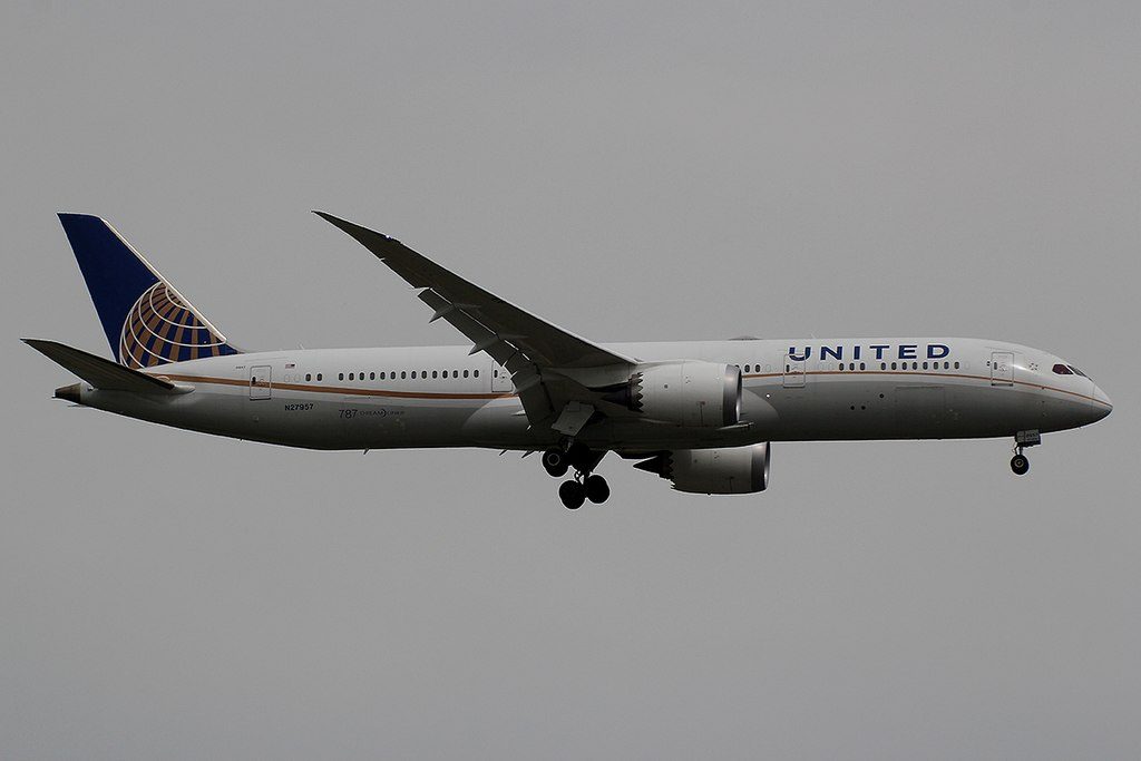 United Airlines Aircraft Fleet N27957 Boeing 787 9 Dreamliner cnserial number 36409334 landing gears down at London Heathrow Airport