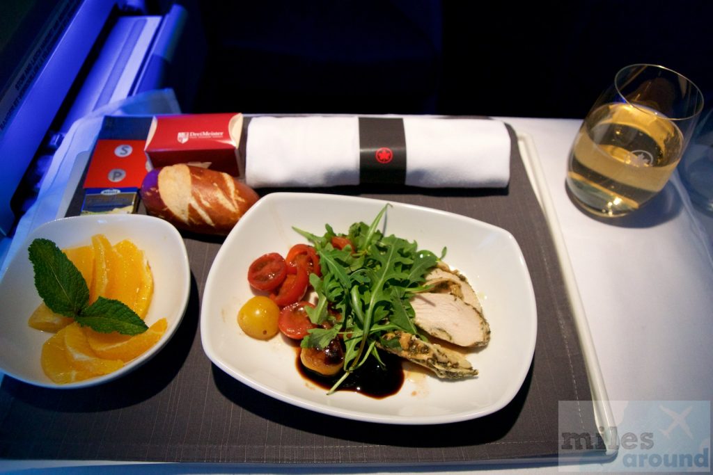 Air Canada Airbus A330 300 Business class inflight meal food Light meal cold plate with lemon and thyme chicken cherry tomato salad and arugula