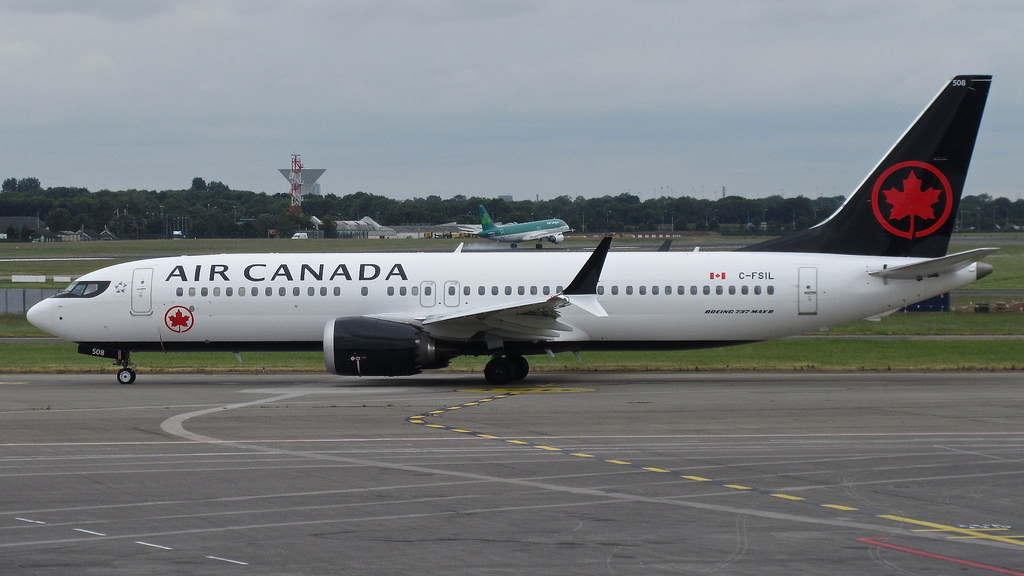 Air Canada C FSIL Boeing 737 Max 8 seen taxiing out to runway 28 in Dublin Airport