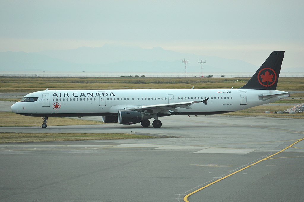 Air Canada narrowbody aircraft Airbus A321 200 C GIUF as viewed from Vancouver International Airport