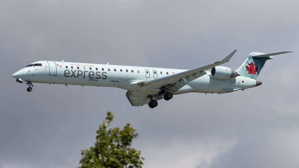 Bombardier CRJ900 C FKJZ Air Canada Express operated by Jazz on final approach at Vancouver International Airport