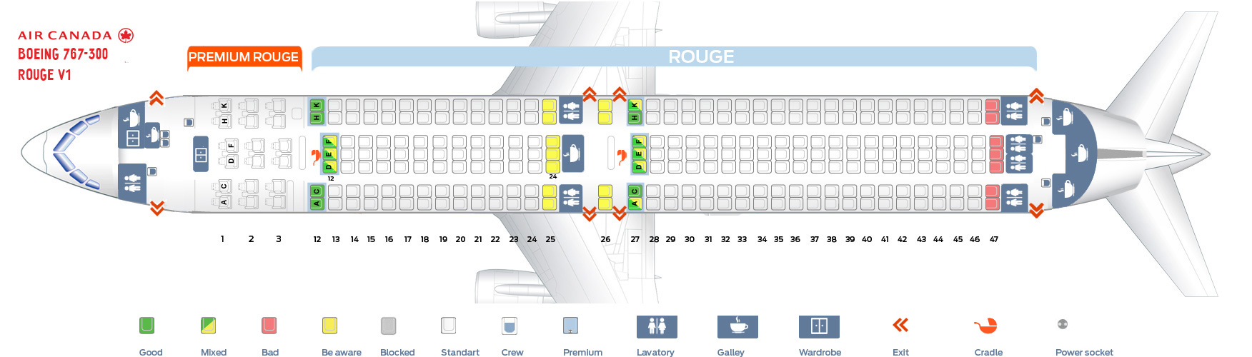 First Cabin Confuguration Seat Map and Seating Chart Boeing 767 300ER Air Canada Rouge