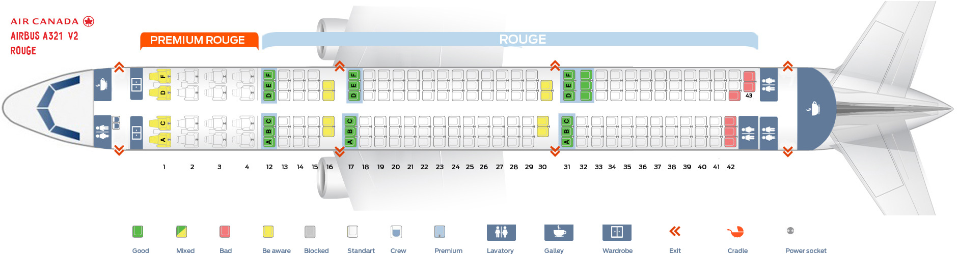 Seat Map and Seating Chart Airbus A321 200 Air Canada Rouge