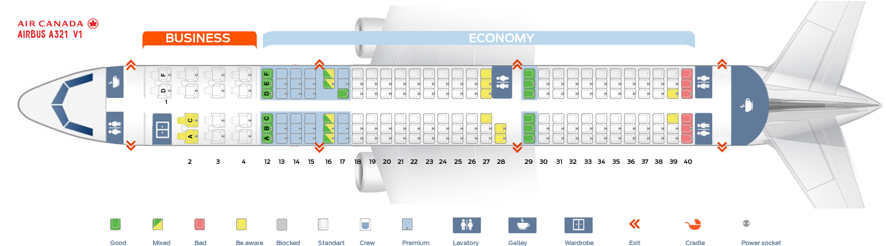 Seat map and seating chart Airbus A321 200 Air Canada V1