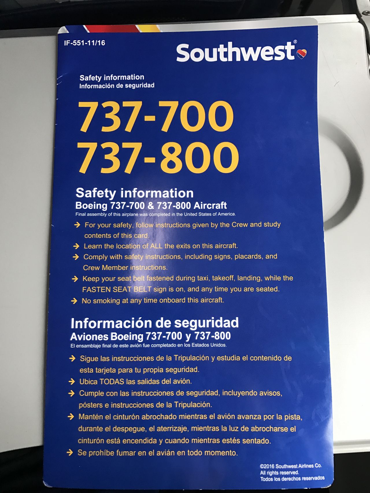 Southwest Airlines Fleet Boeing 737 800 Safety Information Card