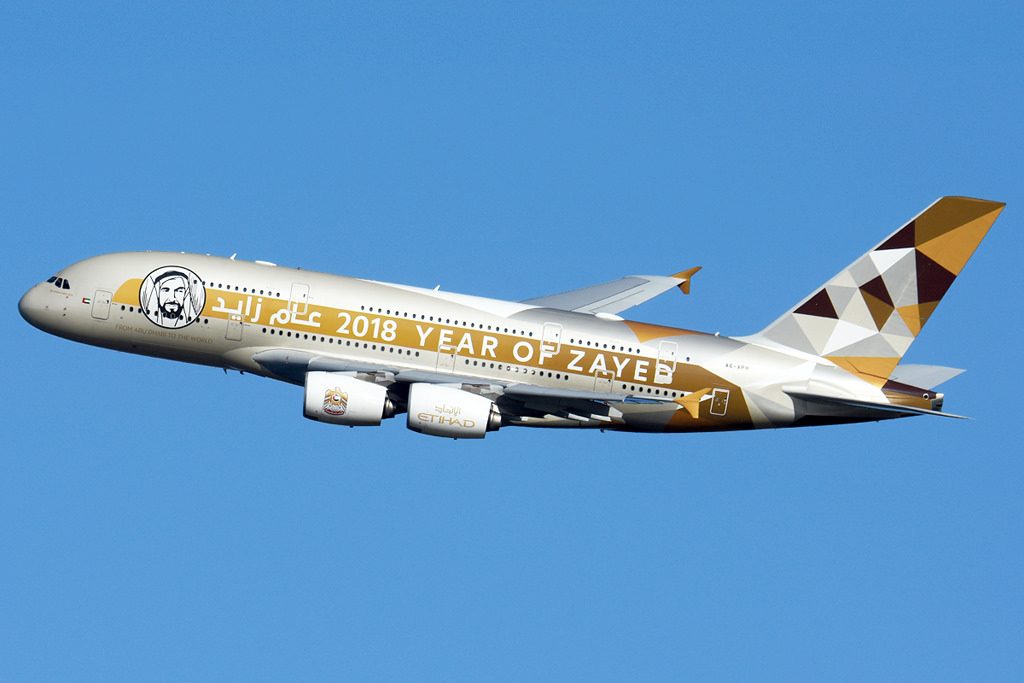 A6 APH Etihad Airways Airbus A380 861 Year of Zayed 2018 livery departing London Heathrow Airport