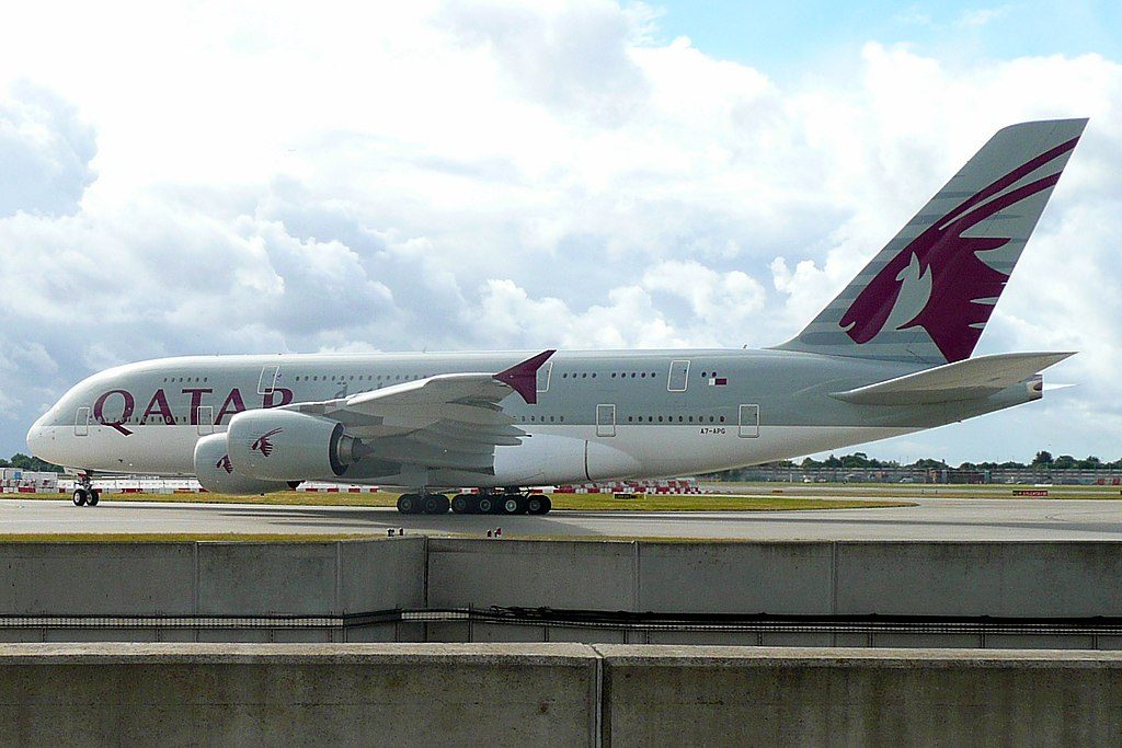 A7 APG Airbus A380 800 Qatar Airways arrival at LHR
