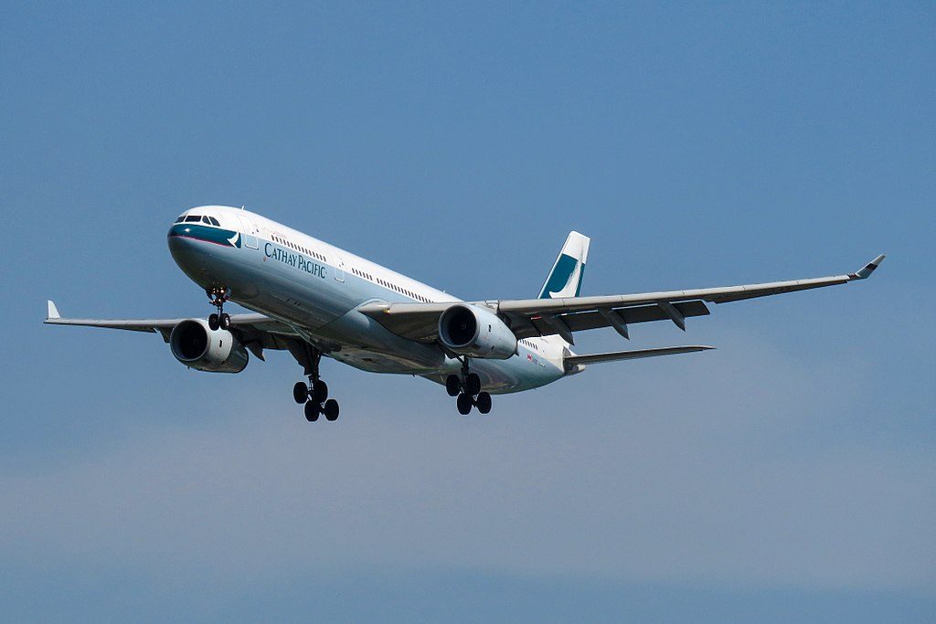 Airbus A330 300 of Cathay Pacific B LBJ on final approach at Beijing Capital International Airport