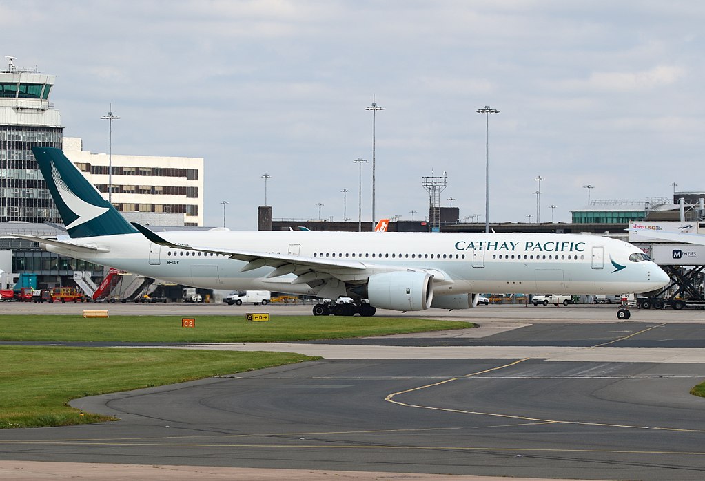 Airbus A350 900 B LRF Cathay Pacific taxiing at Manchester Airport