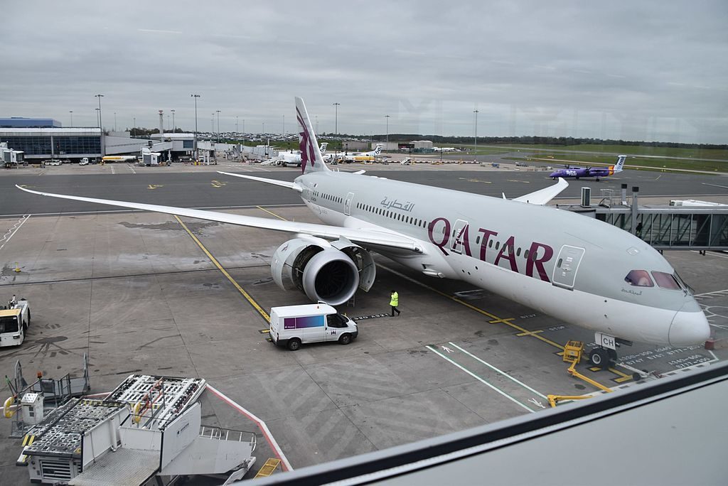 Boeing 787 8 Dreamliner of Qatar Airways A7 BCH receiving some technical attention on stand at Birmingham BHX