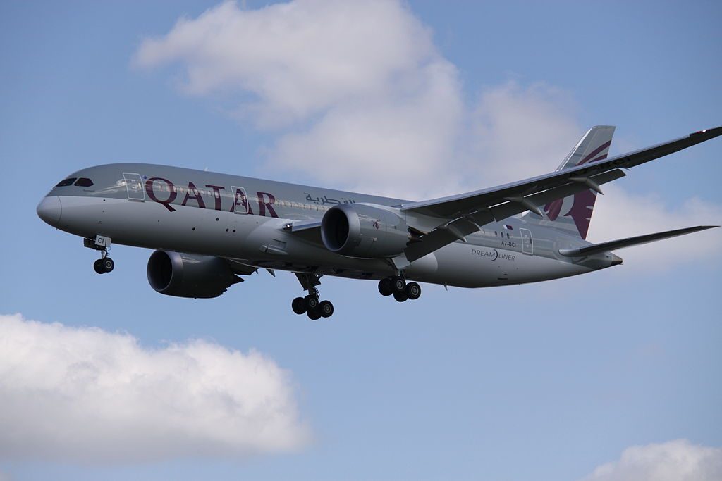 Boeing 787 8 Dreamliner of Qatar Airways A7 BCI on final approach at London Heathrow Airport