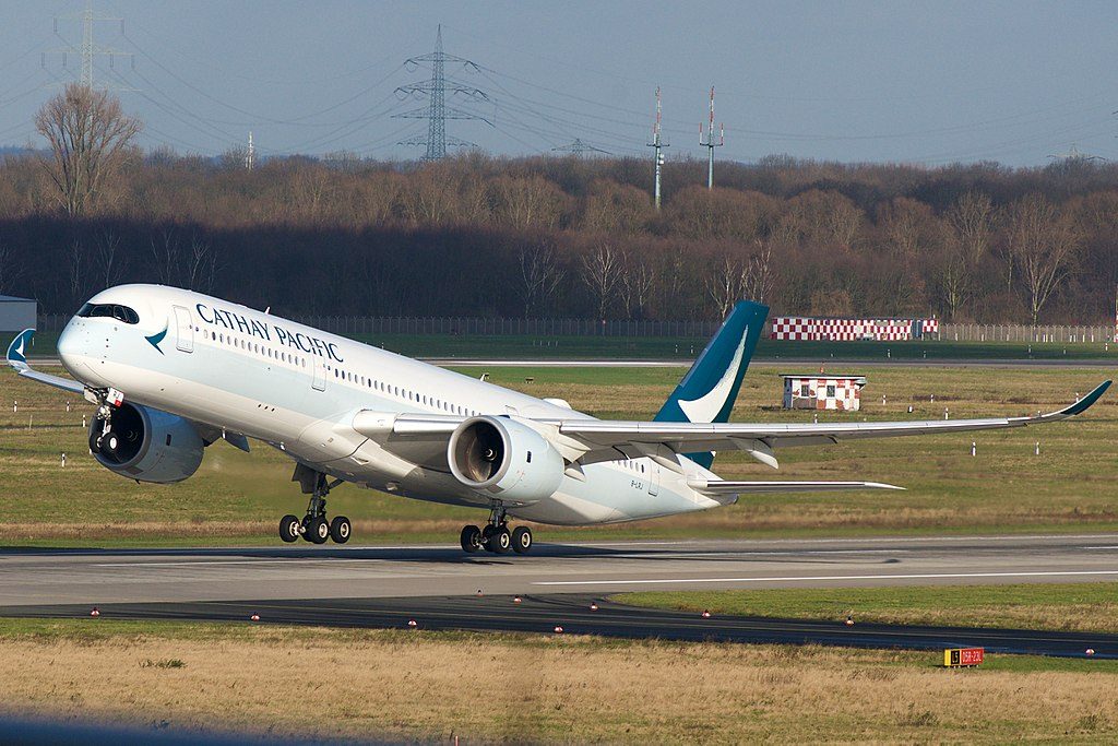 Cathay Pacific Airbus A350 900 B LRJ landing at Düsseldorf Airport