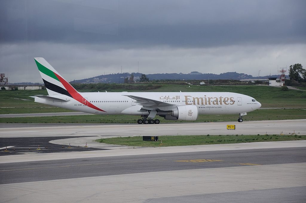 Emirates Boeing 777 200LR registration A6 EWD taxiing at Lisbon Portela Airport