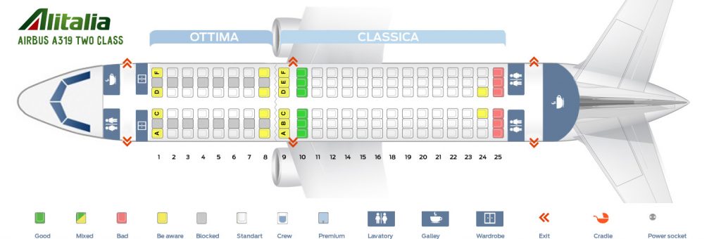 Seat Map and Seating Chart Airbus A319 100 Alitalia Two Class Layout