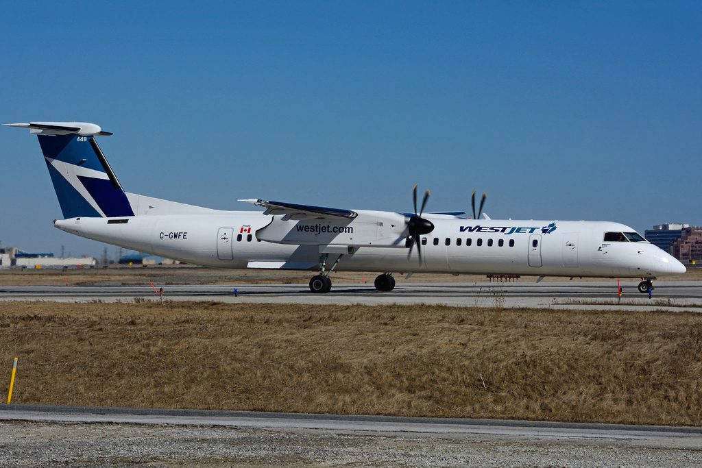 Turboprop Bombardier Dash 8 Q400 C GWFE WestJet Encore at Toronto Pearson Airport