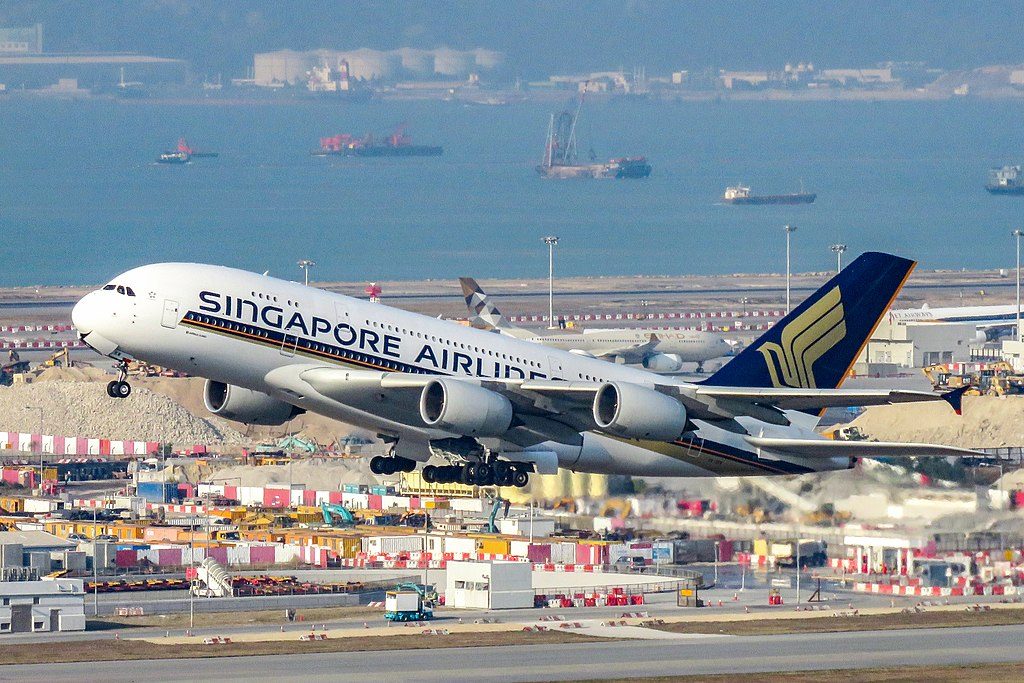 9V SKW Airbus A380 800 of Singapore Airlines takeoff at Hong Kong International Airport